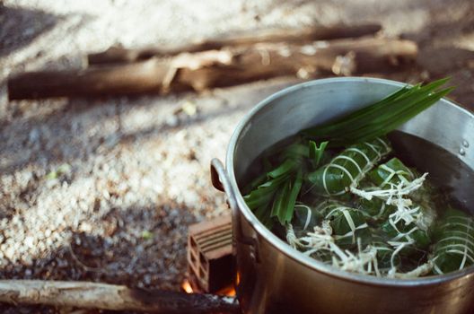 A steaming pot of herbs in an outdoor cooking setup in Vietnam, evoking traditional methods.