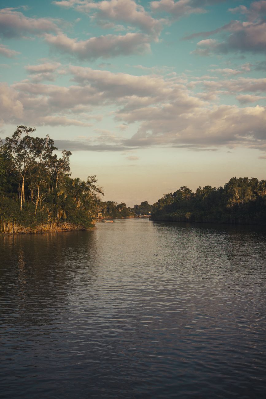 Peaceful river view with lush trees under a partly cloudy sunset sky, capturing serene nature.