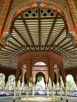Explore the vibrant details of the Morisco Kiosk, an iconic landmark in Mexico City.