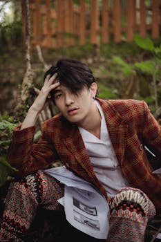 一位时尚男模特身着时装在户外摆拍，神情若有所思