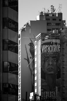Monochrome image of city buildings with striking murals and urban architecture.