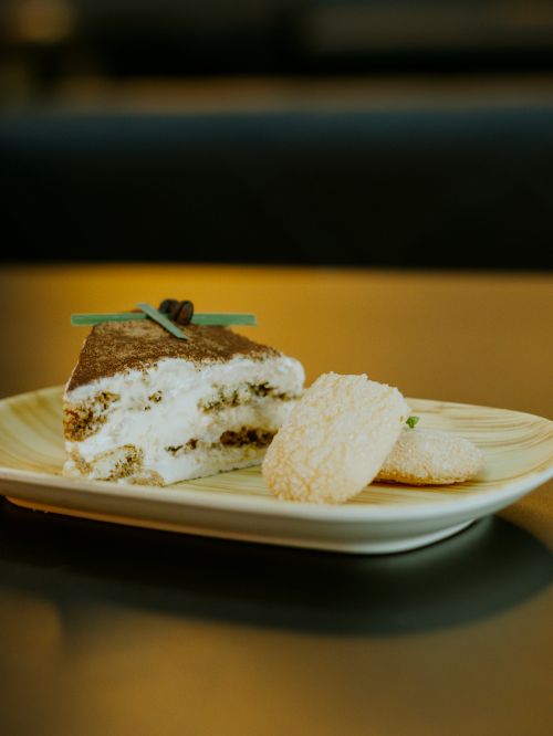 Free A tempting close-up of a tiramisu slice with cookies on a stylish plate. Stock Photo
