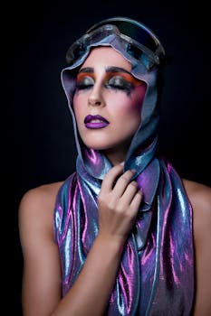 醒目的时尚肖像搭配大胆的妆容与金属服装，展现出未来感的优雅