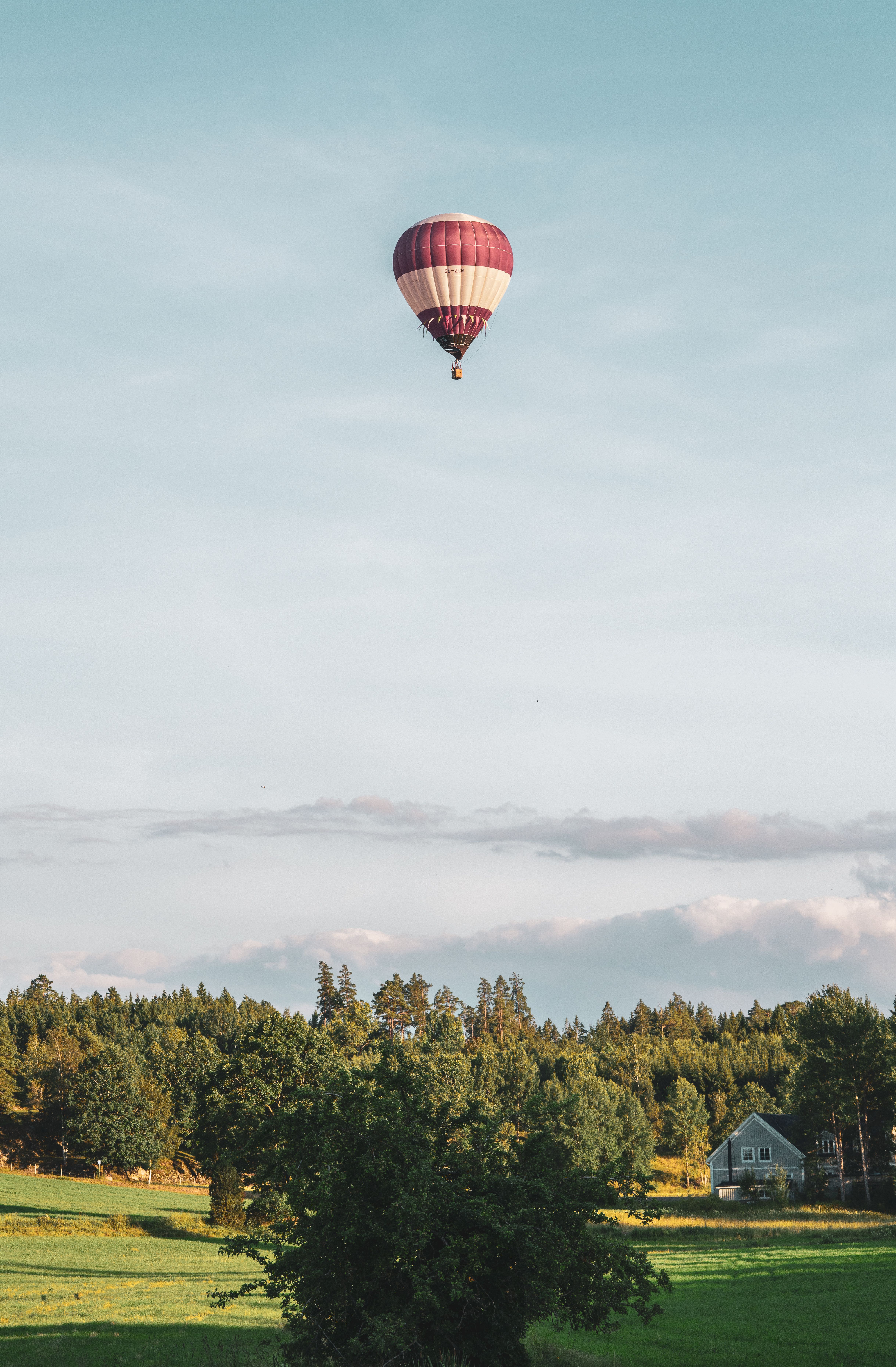 A hot air balloon flying over a field with trees · Free Stock Photo