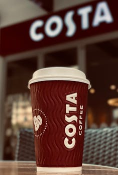 A Costa Coffee cup placed on an outdoor cafe table with blurred background.