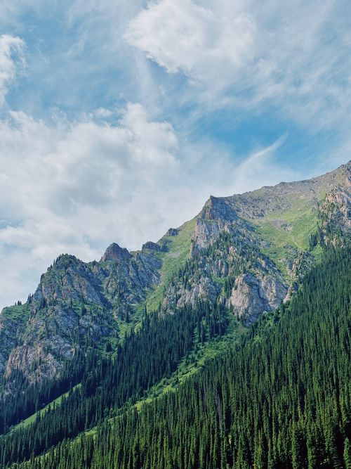 Free Stunning view of a lush mountain landscape in Kyrgyzstan under a blue sky. Stock Photo