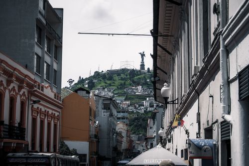 Free Quito Street View with Panecillo Hill Stock Photo