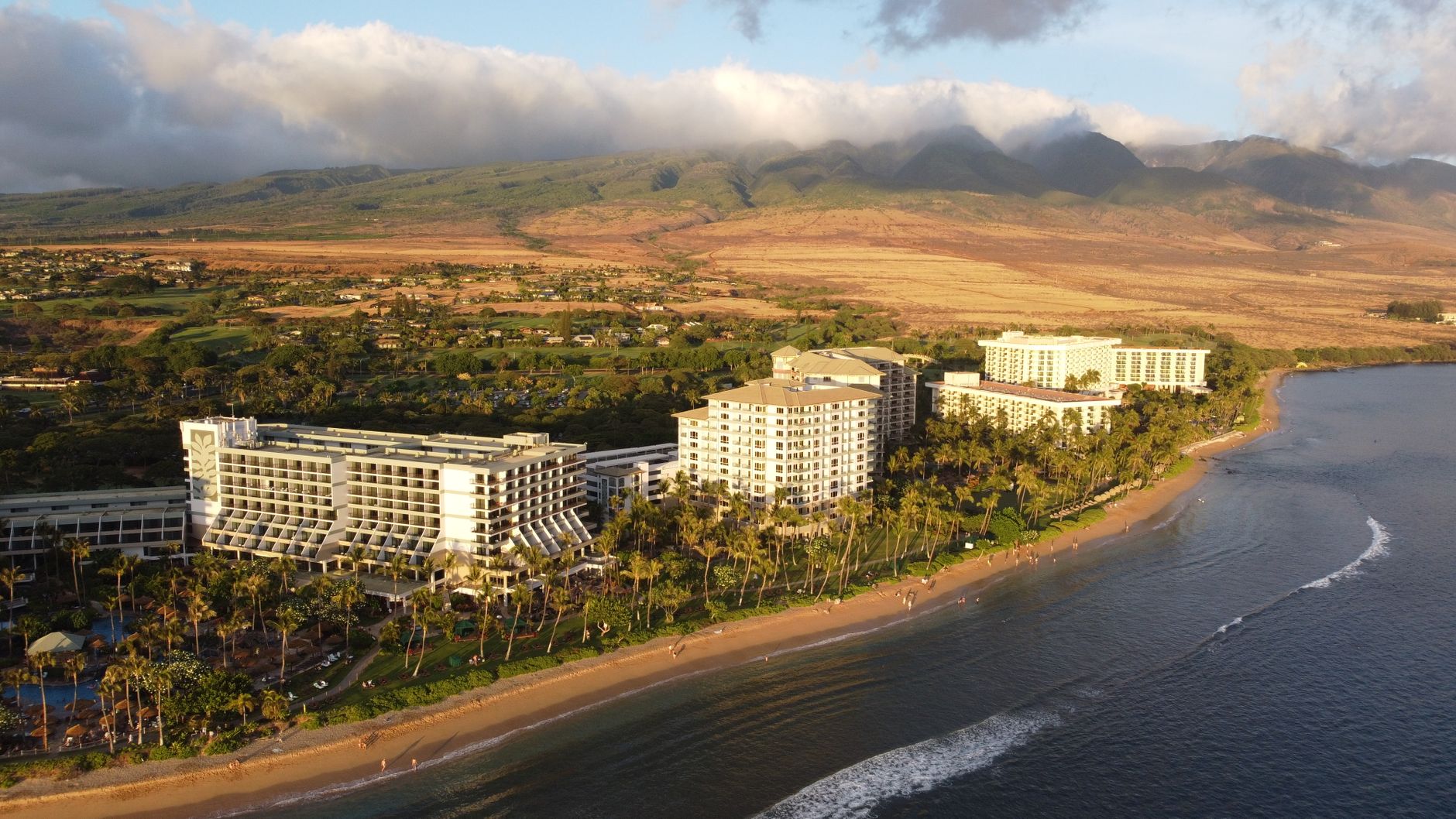 Aerial view of resorts along Kāʻanapali Beach at sunset, West Maui