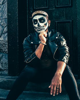 Portrait of a man with skull makeup and leather jacket sitting in an urban setting.