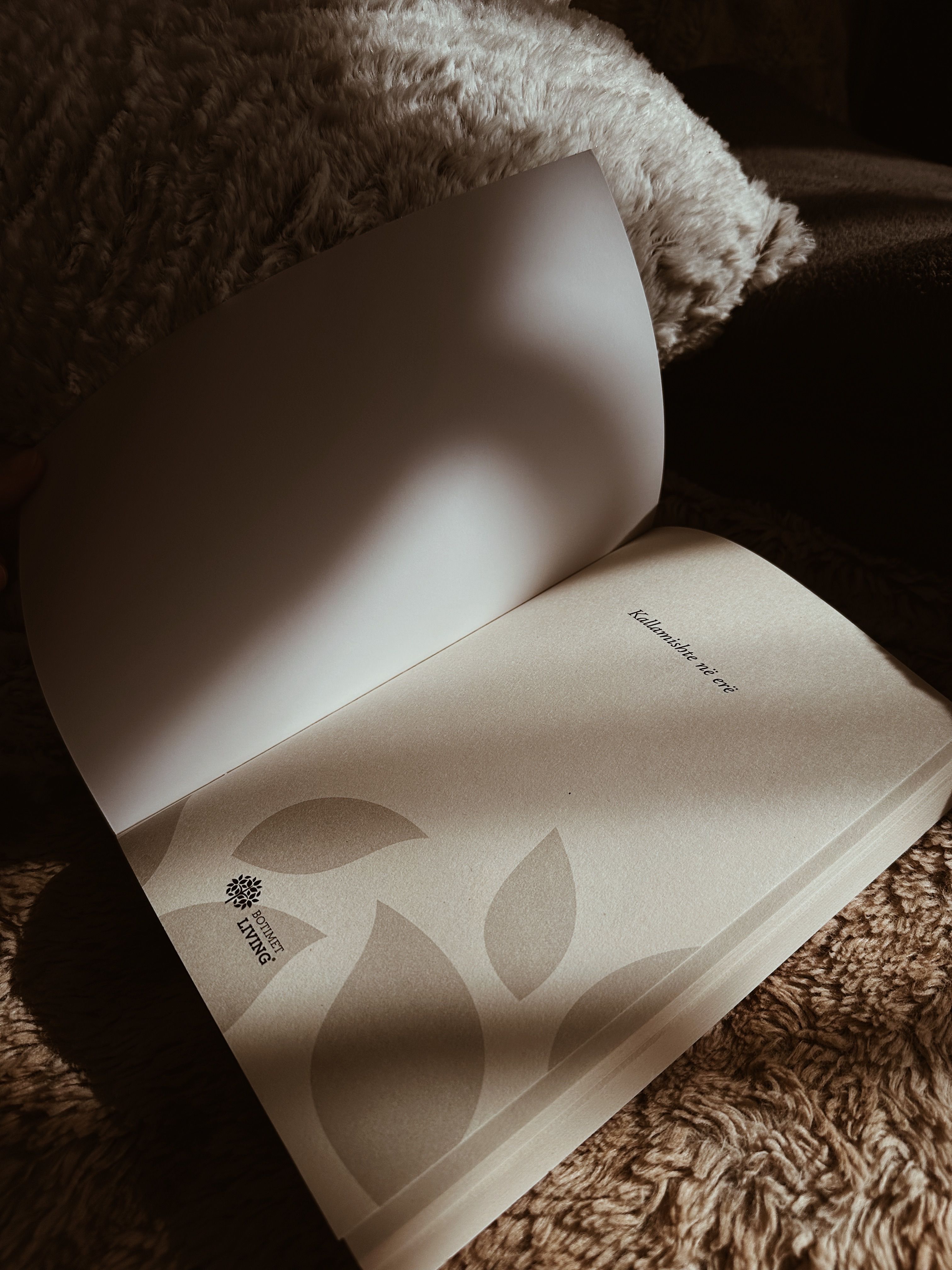 An open book on a textured blanket under warm light, evoking relaxation.