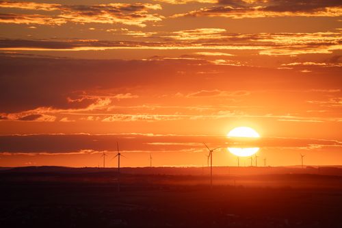 Free Stunning sunset over wind turbines near the sea with a glowing orange sky. Stock Photo