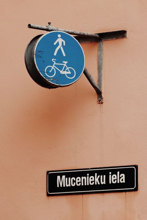 Free Blue pedestrian and bicycle sign on Mucenieku iela, Riga, Latvia's old town. Stock Photo