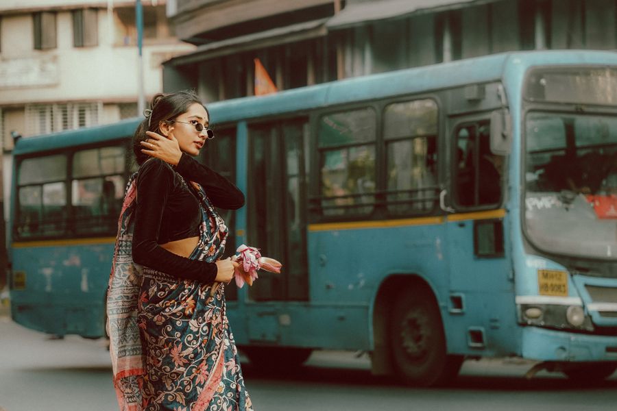 Indian female model in contemporary saree streetwear