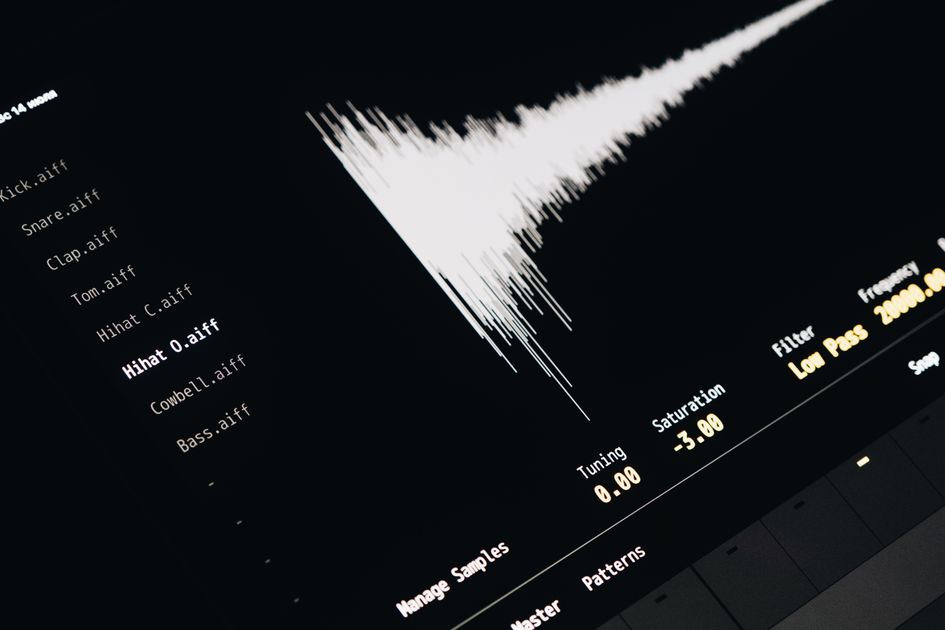 Close-up of a digital audio editing interface displaying sound waves and file names