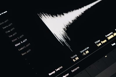 Close-up of a digital audio editing interface displaying sound waves and file names.