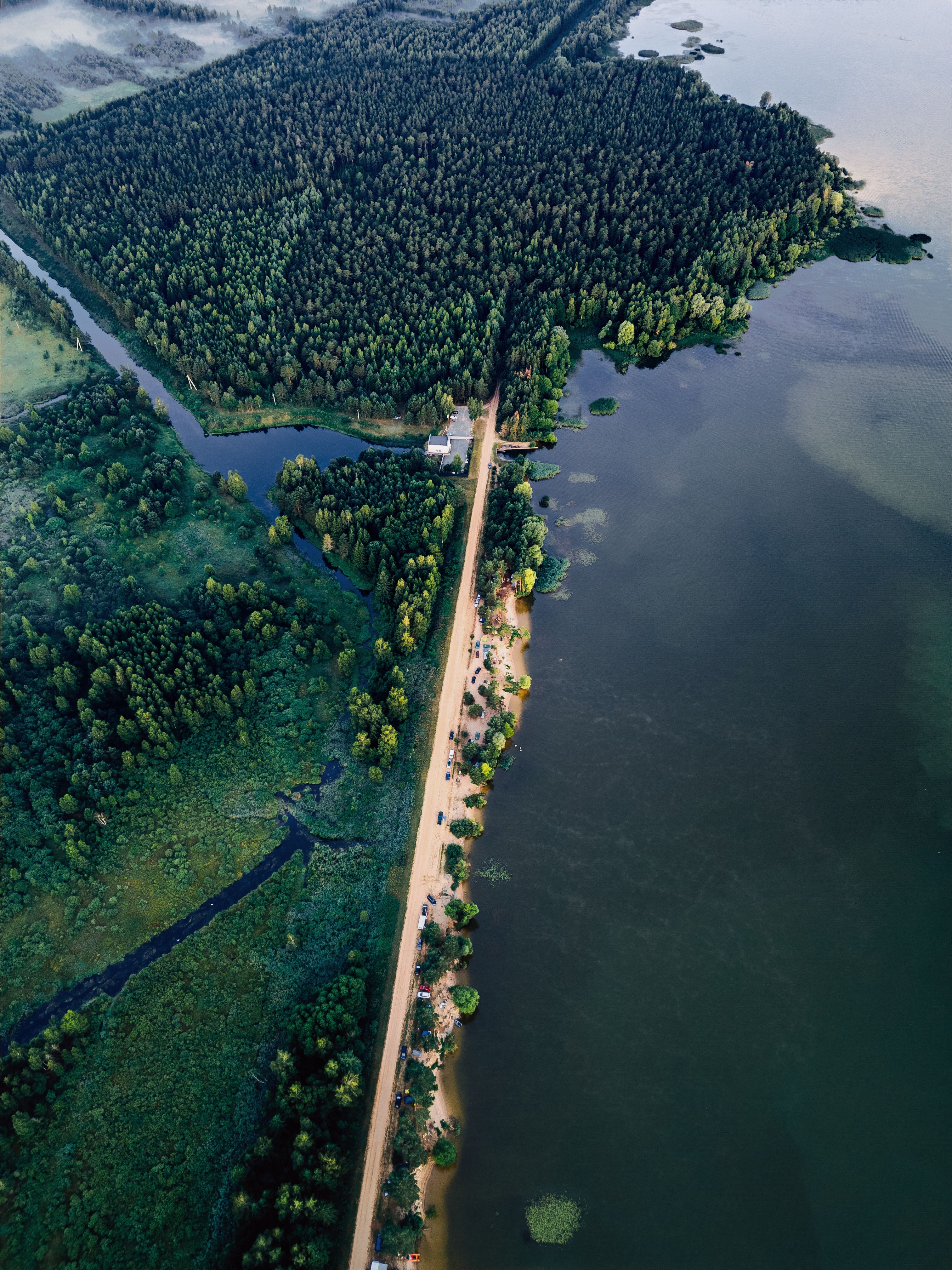 Scenic aerial view of lush forest and serene lake in Minsk Region, Belarus.
