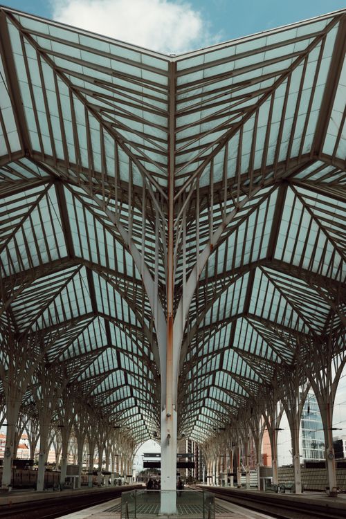 Free Futuristic structure and geometric patterns of Lisbon's modern train station. Stock Photo