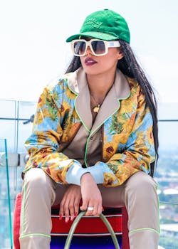 Fashionable woman in colorful attire wearing a green cap and sunglasses outdoors.