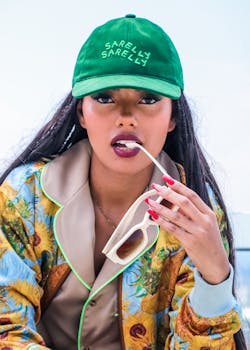 A fashionable young woman in a colorful jacket and hat posing with style and confidence outdoors.