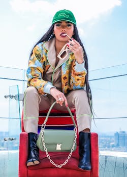 Fashionable young woman posing with sunglasses and a handbag on a rooftop, exuding urban style.