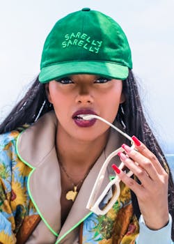 Stylish young woman outdoors in summer fashion, wearing a green cap and holding sunglasses.