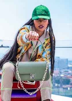 Colorful urban fashion shoot featuring a woman holding a chic handbag.