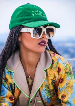 Fashionable woman in sunglasses and floral jacket enjoying a sunny day outdoors.