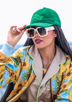 Fashionable woman poses outdoors in vibrant attire, exuding confidence and style.