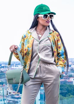 Trendy woman in casual summer attire with a vibrant jacket and accessories on a city rooftop.