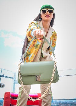 Fashionable woman holding a chic green handbag, embodying summer style.