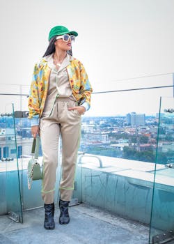 Stylish female model posing on rooftop against urban cityscape