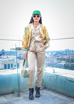 Trendy woman posing in a chic outfit on a city rooftop, exuding modern fashion vibes.