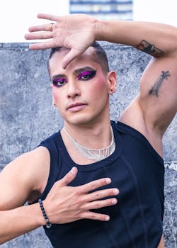 A striking portrait showcasing bold makeup and fashion style against a city backdrop.