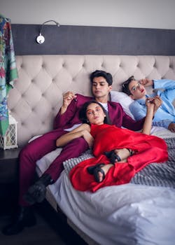 Three adults lounging in vibrant attire on a bed in a modern room setting.