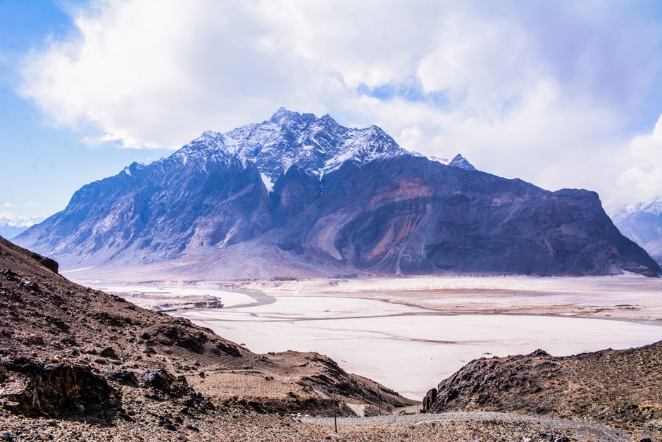 Karakoram peaks above a braided river valley near Skardu, the gateway to K2