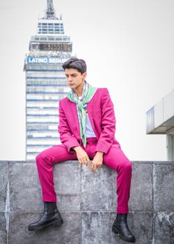 Stylish man in pink suit and scarf sits by Latino Seguro Tower, showcasing urban fashion.