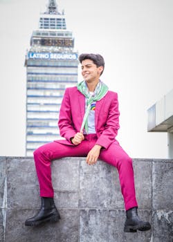 Young man in pink suit sits on a ledge with a cityscape backdrop, exuding style and confidence.