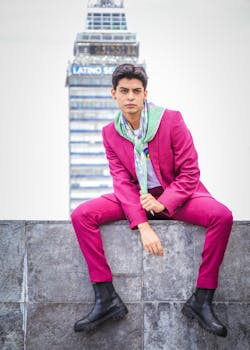 A stylish man in a pink suit poses artistically by Torre Latinoamericana in Mexico City, showcasing modern fashion.