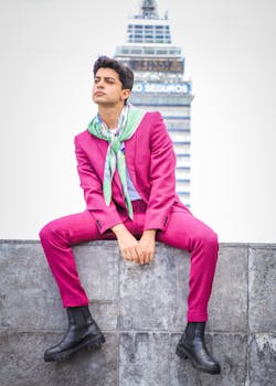 Young adult in a pink suit with a scarf poses in an urban setting. Trendy and confident.