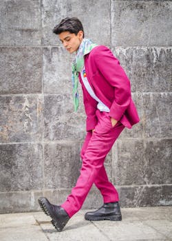 Young man in stylish pink suit and scarf posing against urban wall outdoors.