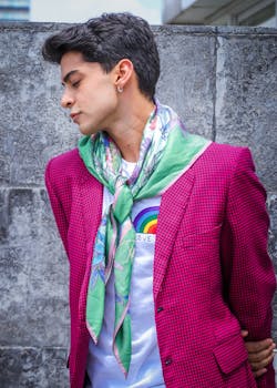 Stylish young man in vibrant pink jacket and green scarf posing outdoors for a fashion shoot.