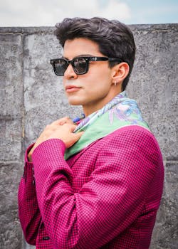 Stylish man in sunglasses and colorful scarf posing against a stone wall.