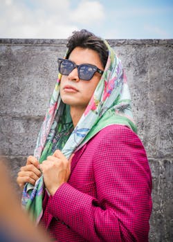 Fashionable young man with sunglasses and scarf posing confidently by a wall outdoors.