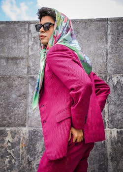 Stylish woman in pink suit and floral scarf poses confidently outdoors.