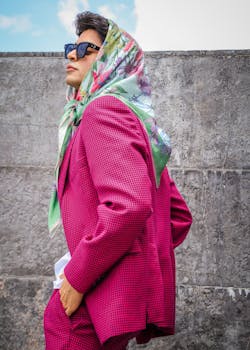 Stylish woman in pink suit with floral scarf and sunglasses against a concrete wall on a sunny day.