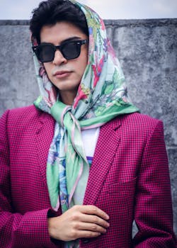 Fashionable young adult with sunglasses and floral scarf, showcasing vibrant style against a neutral backdrop.