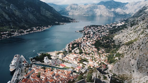 Stunning aerial view of Kotor Bay and historic Old Town surrounded by mountains in Montenegro.