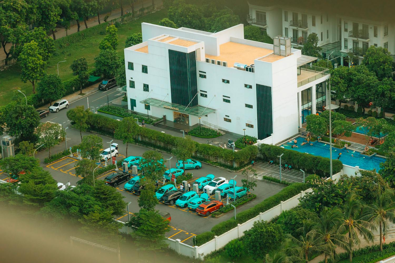Aerial view of pool and greenery
