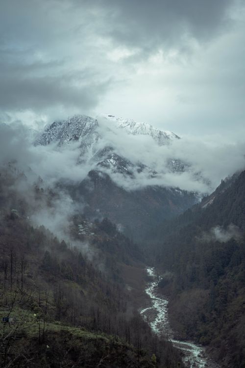 Free Breathtaking misty mountain landscape in Yumthang Valley with snow-capped peaks and lush greenery. Stock Photo