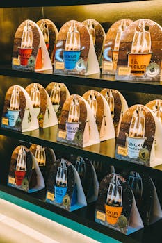 Display of assorted instant coffee packs in a Kuala Lumpur shop.